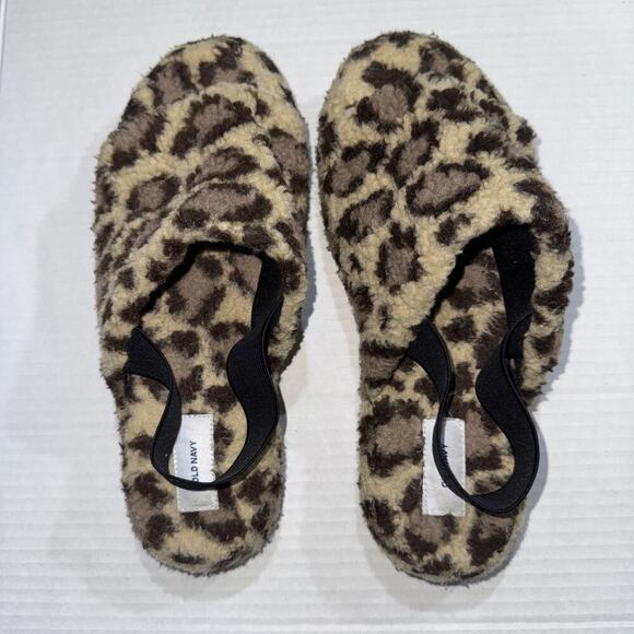 Old Navy Platform Slippers Big Leopard Fluffy Sherpa Open Toe Womens Sz 9 - Picture 3 of 7